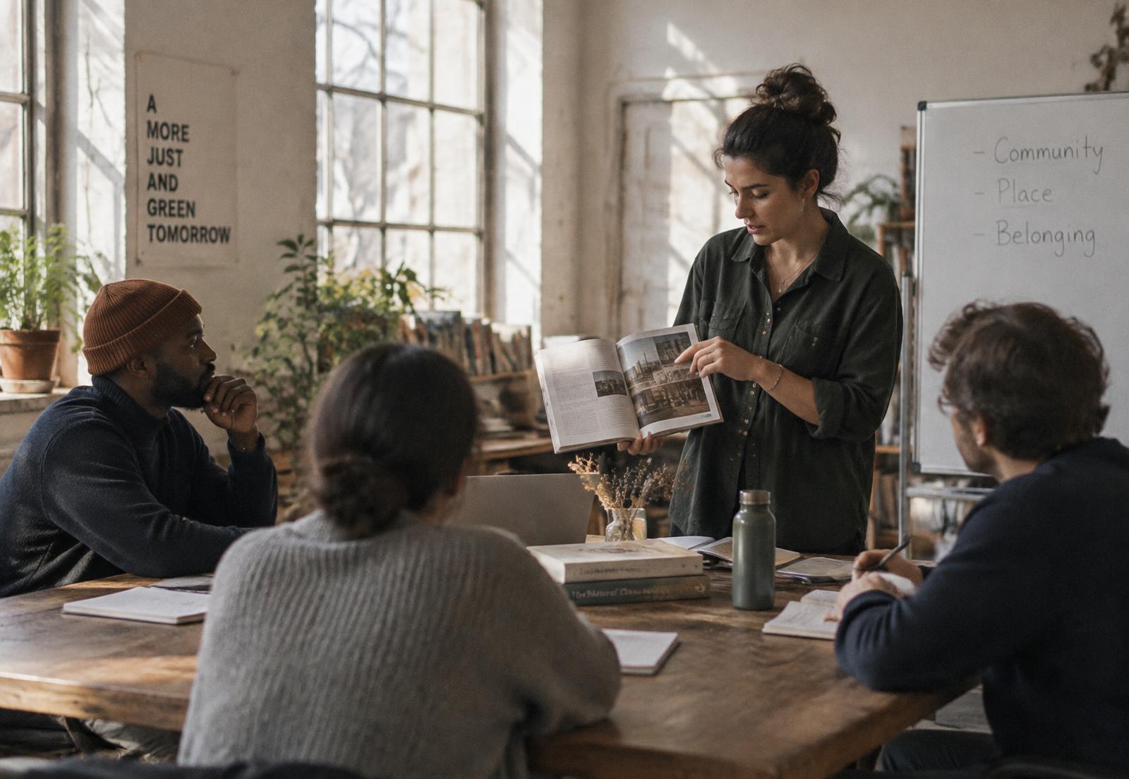 A small group learning together around a table in a sunlit studio